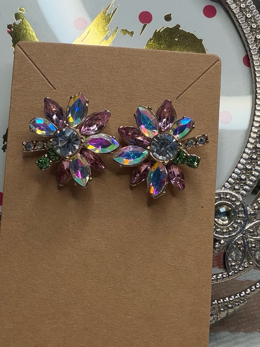 Iridescent AB Rainbow Crystal Flower Stud Earrings Floral Marquise Glam EUC